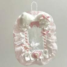 Portafoto in peluche fatto a mano con orecchie da coniglio bianco e rosa con pizzo, accessori kpop, forniture scolastiche, articoli per il ritorno a scuola