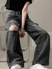 Asymmetrical Distressed High Waist Casual Versatile Jeans