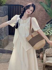 女式交叉系带收腰短衬衫，简约设计，修身，有领 - 杏色 - 查看 3