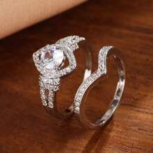 2pcs Women's Elegant High-End Zirconia Ring Set, Fashion Jewelry Gift