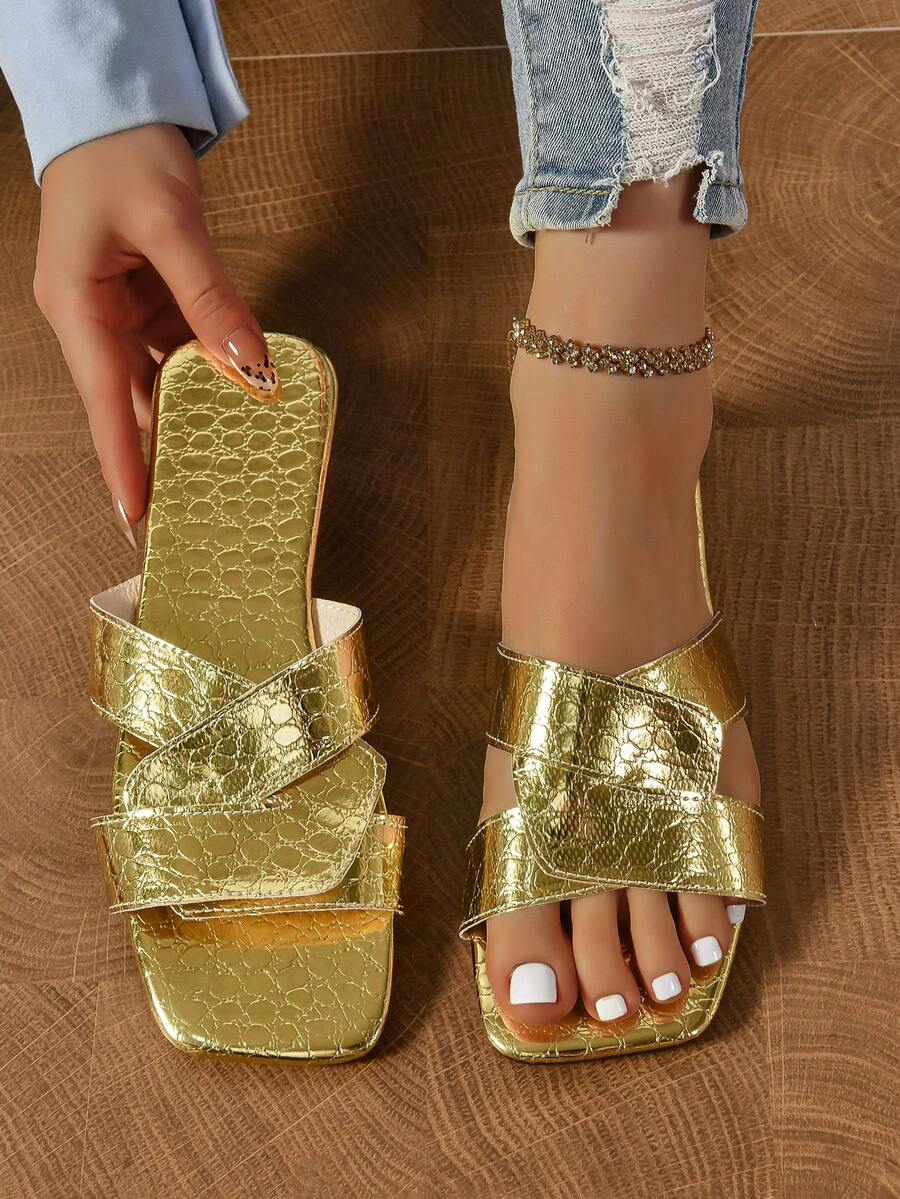 Fashionable Brand H Girl's Lace-Up Slippers, Casual Outdoor Roman Slip-On Sandals, Flat Embossed Slippers, Recommended By Bloggers, Desert Key French Retro Lace-Up Low Heel Round Toe Indoor Outdoor Anti-Odor Anti-Slip Simple Slippers, Girl Alligator Texture Slippers, Versatile Metal Decor Flat Lace-Up Slippers, Stylish Sandals For Summer - Gold - View 1