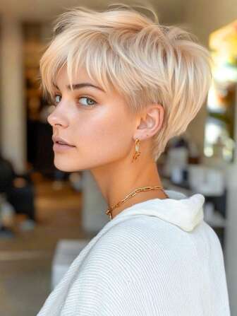 4 英寸短款米色精灵短发，分层式侧分刘海，合成假发，适合女士日常使用或派对