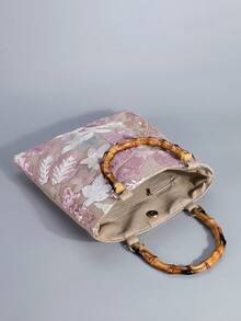 大容量亮片刺绣花卉手提包，双手柄竹制手提包，女士简约时尚手提包，适合聚会、约会、购物、送礼、度假、婚礼、通勤、大学。（图案位置随机裁剪）