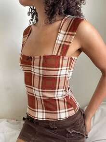 Women's Y2K Slim Fit Tank Tops Cute Plaid Sleeveless Crop Tops Striped Cami Tops Cute Square Neck Vest Summer Shirts Aesthetic Tops For Streetwear Going Out Tops - 棕色 - 查看 5