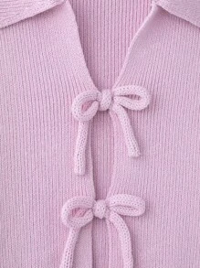 ZEVITY Bow Decor Solid Color Casual Short Sleeve Knit Sweater