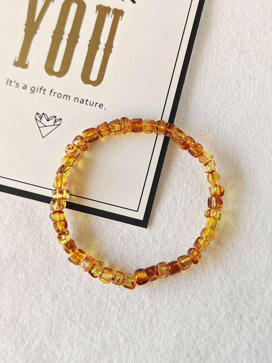 Pulseira de âmbar báltico natural com contas quadradas, joia vintage com pedras preciosas, adornada com moldavita, moderna e elegante, presente perfeito para aniversários, Dia das Mães e outras ocasiões especiais. - Pulseira âmbar - Ver 1