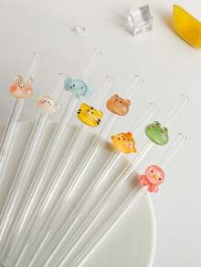 1/3/8PCS Cartoon Animal Head Glass Straw For Transparent Iced Drinks Like Milkshakes, Juices, Cocktails - Reusable Colorful Bendy Glass Straw For Party ,Kitchen,Christmas - Transparent - View 3