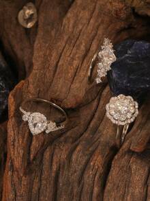 1pc Luxurious S925 Sterling Silver Water Drop Flower Zirconia Geometric Ring, Suitable For Women Wedding, Party, Date & Daily Wear - Silver - View 1