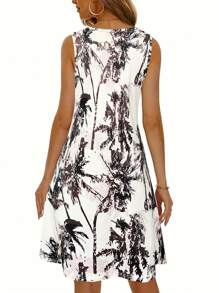 Vestido casual sin mangas con estampado de palmera para mujeres, para vacaciones de primavera/verano. Vestido de tirantes casual de cuello redondo, outfits de verano relajados para mujeres, outfits bohemios de playa para mujer.