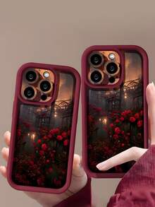 1pc Burgundy Color Rose Floraled Embossed TPU Phone Case Compatible With IPhone, Soft Shockproof And Waterproof - Multicolor - View 1