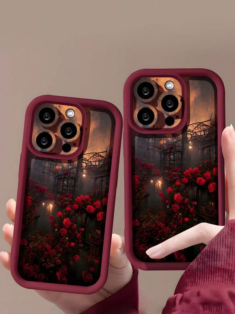 1pc Burgundy Color Rose Floraled Embossed TPU Phone Case Compatible With IPhone, Soft Shockproof And Waterproof - Multicolor - View 1