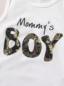 3 件套幼儿男童圆领字母印花无袖背心+短裤+帽子套装，适合夏季户外旅行 - 白色 - 查看 7