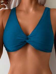 Women 2 Piece Bikini Set Solid Color Twist Front V Neck Bikini Tops Triangle Shorts Bathing Suits For Beach Pool - Blue - View 4