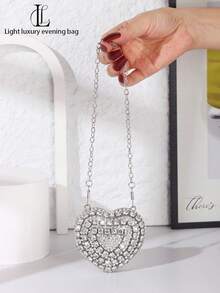 Sparkling Vintage Crystal Studded Mini Heart Shaped Makeup Bag, Elegant Lady Clutch Purse, Shoulder Bag, Coin Purse, Chain Bag, Handbag, Suitable For Outfit Matching, Wedding, Party, Prom, Birthday Gift, Holiday - Silver - View 3