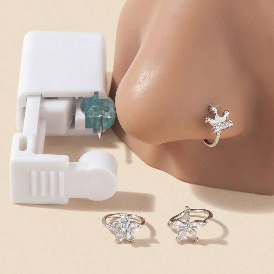 1pc Fashionable Minimalist Copper 5-Leaf Crown Shape Zirconia Stone Nose Ring, Versatile 1-Time Use Nose Stud/Clip On Jewelry, Suitable For Women Daily Wear, Body Piercing Accessories, Friend Gift