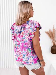 Women's Floral Print V-Neck Ruffle Trim Short Sleeve T-Shirt, Fashionable Pullover Top For Summer