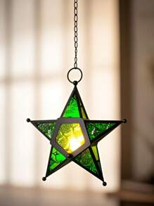 1 Piece Metal Star Tealight Candle Holder, Chinese Flowering Crabapple Design Multi Color Glass Home Decor Hanging Lantern, Suitable As A Home Decoration Hung By The Windows In The Corridor, Garden Decor, Living Room Decor, Christmas Decorations, Christmas Ornaments,Christmas Hanging Star Candle Holder For Holiday Decor