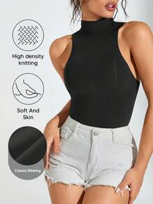 Áo liền thân không tay cổ cao giúp thon gọn eo, kiểu dáng đơn giản và thời trang, màu đen trơn, thanh lịch cho mùa hè. - màu đen - Xem 4