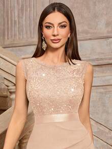 MIUSOL 经典亮片花卉蕾丝圆领无袖鸡尾酒会修身连衣裙，优雅女士连衣裙