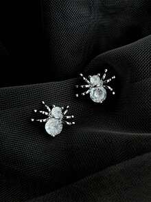 1 Pair Men's Earrings, Copper Inlaid Zirconia Spider Insect Stud Earrings, Daily Accessories, Gifts - Silver - View 2