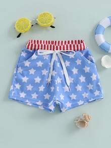 Independence Day Ready Toddler Boys Beach Shorts - Stylish Drawstring Star Print Swim Trunks For Kids' Summer Fun - 藍色 - 查看 2