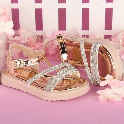 Sandália Infantil Menina Bebe  Metalizada Tiras Strass Brilho Confortável Antiderrapante Macia Leve