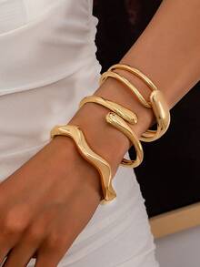 3 件/1 套简约几何波浪竹节形不对称金属手镯套装，适合女性，厚哑光金属和锌合金材质 - 明亮 - 查看 7