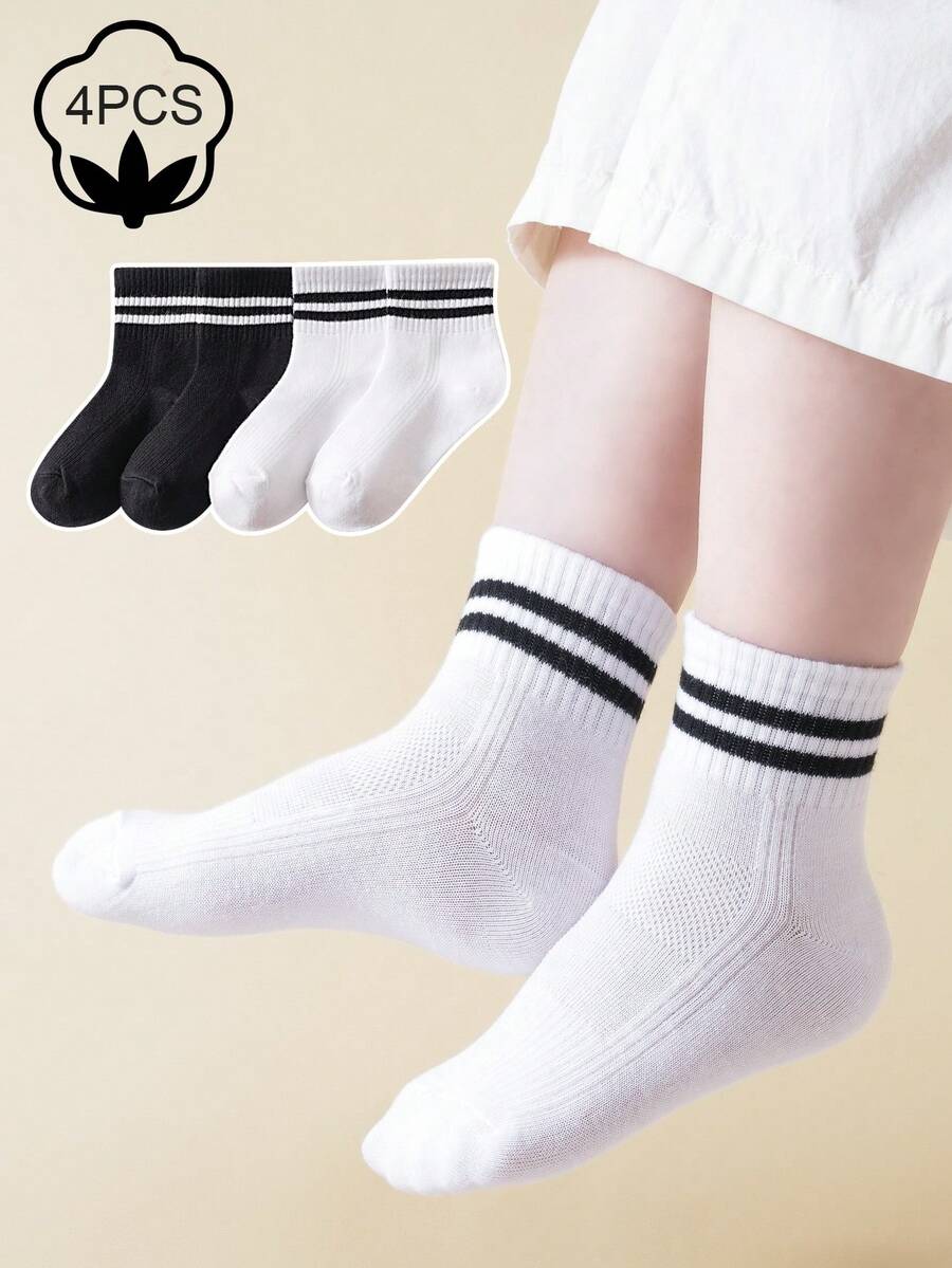 4 Pairs Cotton Mesh Double Stripe Student Socks, Breathable Absorbent ...