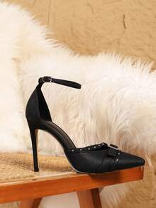 性感时尚搭扣尖头镂空细高跟休闲百搭踝带高跟鞋，优雅 - 黑色 - 查看 6