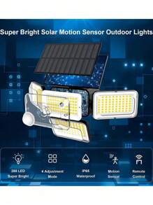 1 pieza Luces solares para exteriores, 288 LED 3000LM con sensor de movimiento, Luces solares de 6500K con control remoto, 4 cabezales de luces de inundación de seguridad de 300° de ángulo amplio para jardín, patio, camino, garaje y calle, con cable de 16,5 pies y 3 modos