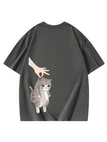 女士休闲圆领宽松可爱猫咪印花短袖T恤，春夏 - 深灰色 - 查看 3
