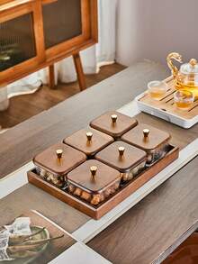 1set Japanese Style Walnut Wood Tray, Creative Glass Fruit Bowl, Square Lid Snack Plate, Multi-Compartment Nuts Dish, For Living Room, Wedding Party, Birthday, Picnic