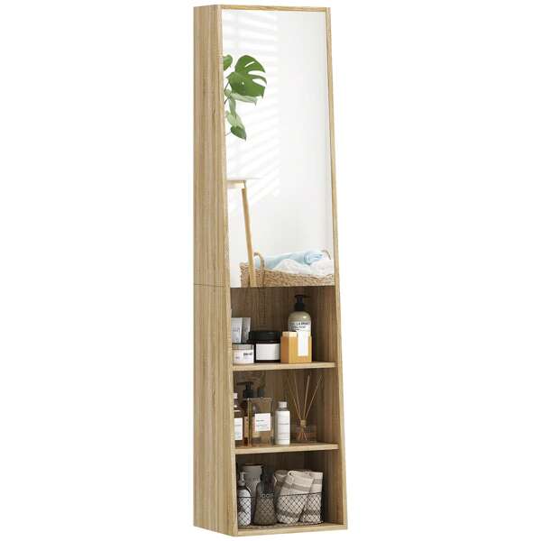 HOMCOM Meuble salle de bain colonne meuble de rangement trapézoïdal mince avec porte en miroir, étagère à 6 niveaux, armoire salle de bain pour petits espaces, 40 x 30 x 165 cm, bois naturel