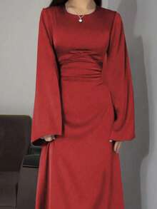 Women Solid Color Satin Round Neck Long Sleeve Dress - Red - View 3