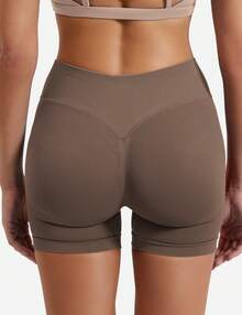 VOYJOY Pantaloncini sportivi da donna, pantaloncini da palestra con glutei scrunch, con schiena a V, vita alta, sollevamento glutei, motociclista, pantaloncini estivi per allenamento fitness - Castano - Visualizzare 4