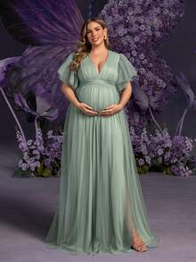 Faeriesty Dressalisa Elegant V-Neck Maternity Dress With Flutter Sleeves & Side Slit - Flowy Spring-Summer Occasion Wear | Perfect For Garden Parties, Formal Dinners, Bridal Showers, Photo Shoots