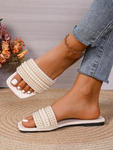 Women's Slide Sandals With Rhinestones, Casual Versatile Outdoor Plastic Flat Sandals - White - View 4