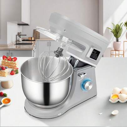 Stand Mixer, 660W Electric Dough Mixer With 6 Speeds LCD Screen Timing, Tilt-Head Food Mixer With 7.4 Qt Stainless Steel Bowl, Dough Hook, Flat Beater, Whisk, Scraper, Splash-Proof Cover - Gray