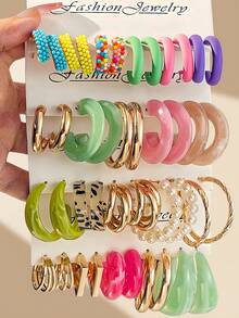 1-20pcs/Set Exaggerated Acrylic Resin Pearl Inlay C-Shape Hoop Earrings Jewelry Set, Daily Wear - Colorful - View 1