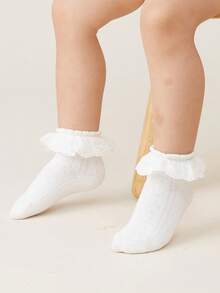 1/3 Pairs Girls White Breathable Knit Socks With Mesh & Lace Trim, Suitable For Autumn/Winter & All Seasons, Ins Style Princess Crew Socks For Home, School, Dance, Party, Holiday Gifts - White - View 7