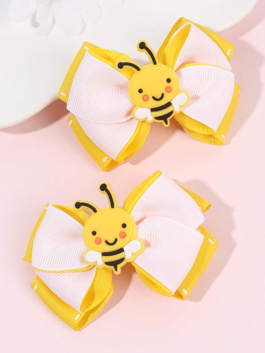 2pcs Honey Bee Hair Clips For Girls Adorable Yellow Bee Bow Hair Clips Grosgrain Ribbon Bow Alligator Clips Spring Hairpins Kids Baby Hair Accessories - Yellow - View 1