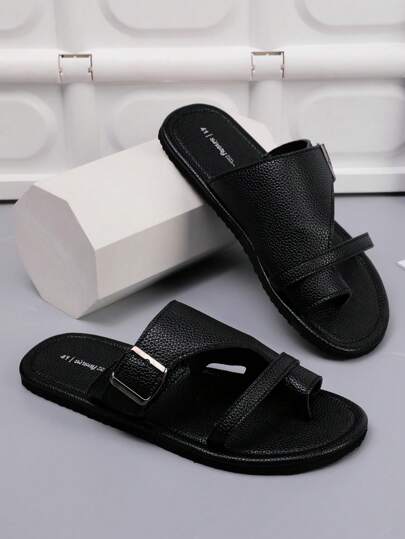 صندل شاطئ مريح مسطح، صندل جلدي بسيط للرجال، نعل داخلي - صنادل رجالية، أحذية استحمام