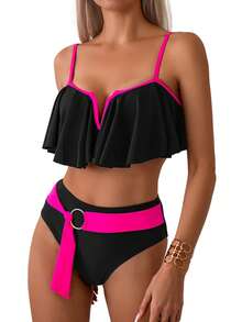 Women Swimsuit Contrast Color Leaves Print Ruffled Bra With Briefs Swimsuit 2-Piece Summer Bikini Set - Black - View 3