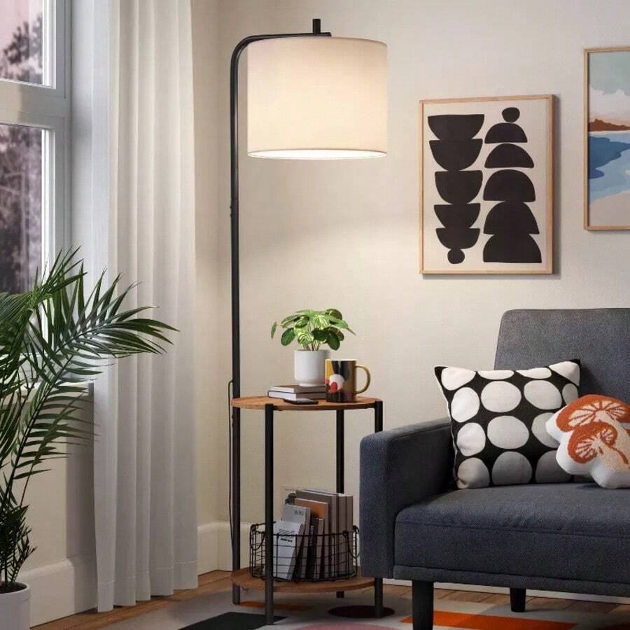 Floor Lamp With Table Natural Wood: ETL Listed, Linen Shade, Metal Body, 60" Height - 1 - View 1