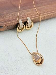 Necklace With Zirconia Pendant And Drop Earrings Kit Set Bath With Elegant CHC Varnish - 金色 - 查看 3