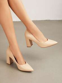 Women's Chunky High Heel Shoes With Pointed Toe - Apricot - View 4