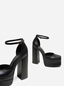 Zapatos de tacón alto y grueso con plataforma y punta cerrada para mujer, con tiras al tobillo y punta cuadrada, para boda, fiesta y graduación - Negro - Ver 10
