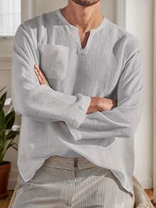 hoteel Men's Linen Beach Tee Shirts Long Sleeve V Neck Casual Shirt Collarless Solid Plain Shirts Breathable Yoga Tops - Xám - Xem 5
