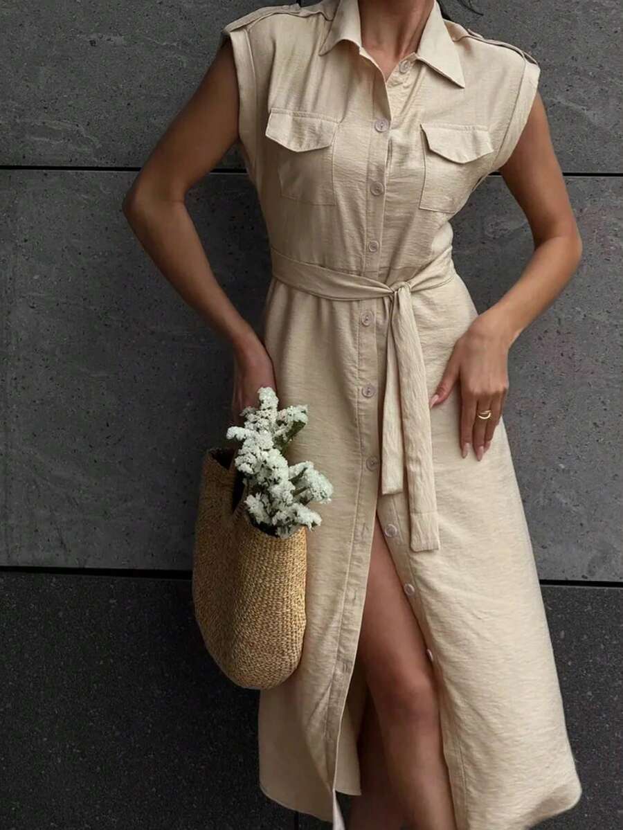 Vestido casual de línea A de longitud media para mujer, elegante de manga corta - Albaricoque - Ver 1