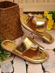 1 双儿童女孩平底拖鞋闪亮镜面条纹 PU 鞋面露趾圆头轻便可爱时尚奢华搭配家庭罗马家居拖鞋，适合夏季度假、休闲室内/室外穿着 - 金色 - 查看 9